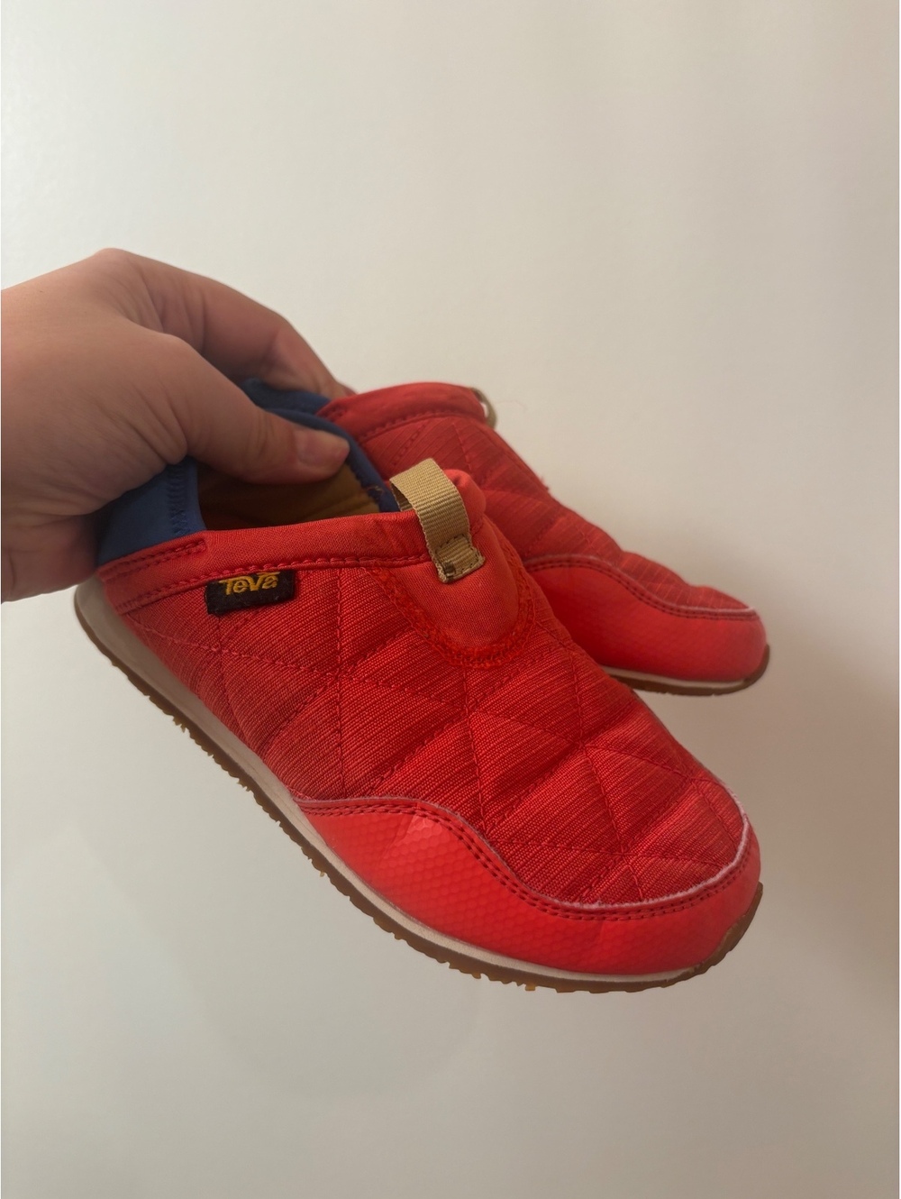 Teva Red Quilted Slip-On Shoes with Blue Heel Accent 13C